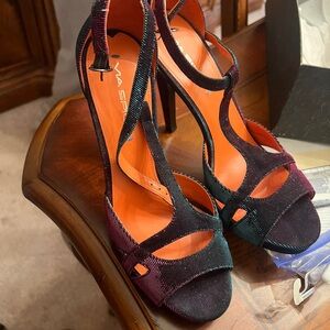 Via Spiga Black and Purple Iridescent Strappy High Heels- V-Pamela